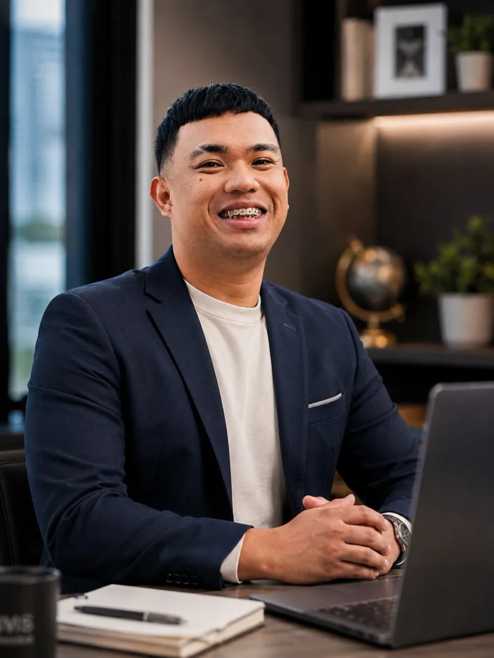Jesel Cura at a desk with a laptop and notebook, smiling at the camera