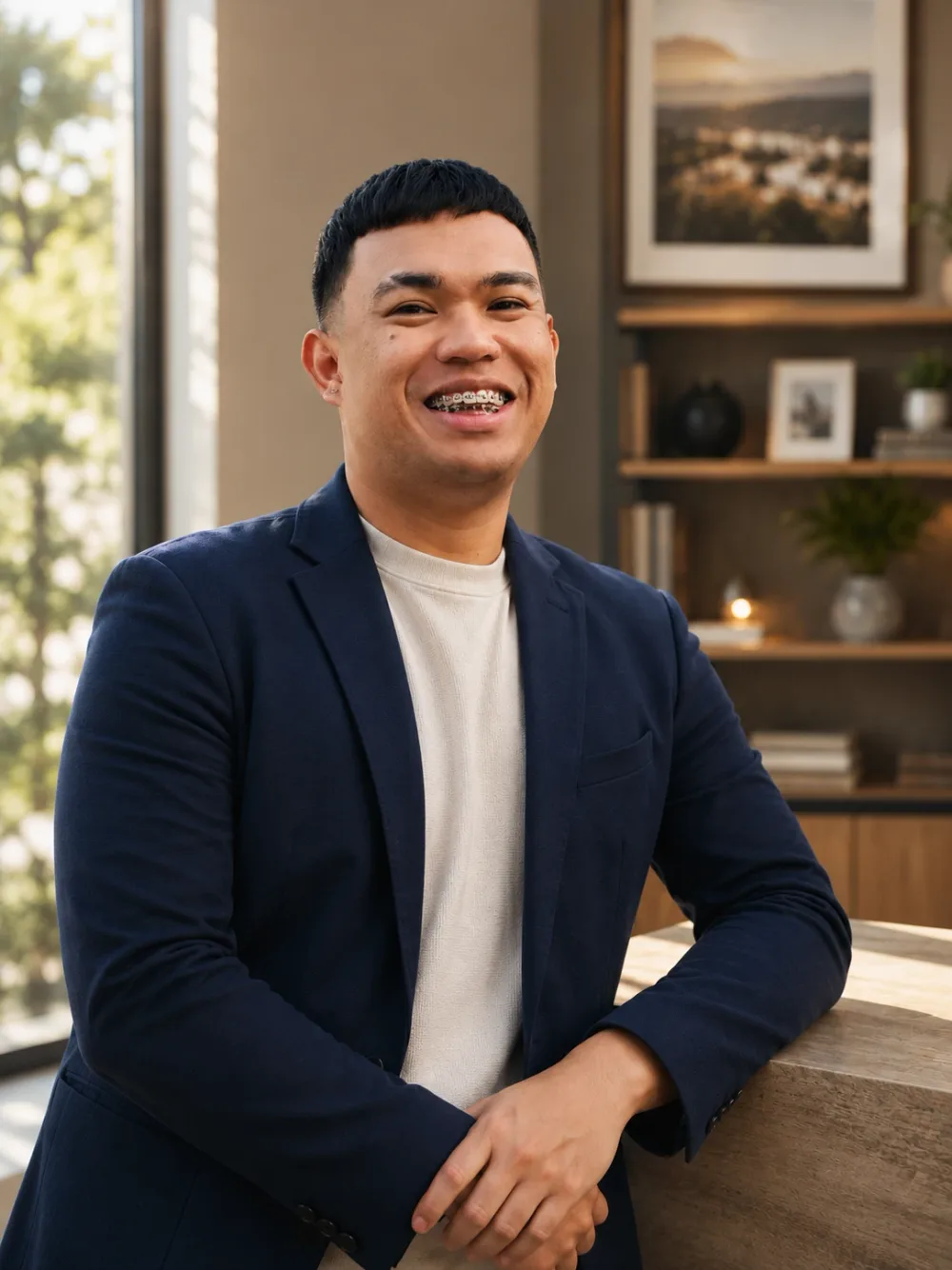 Jesel Cura smiling by a sunlit window in a navy blazer
