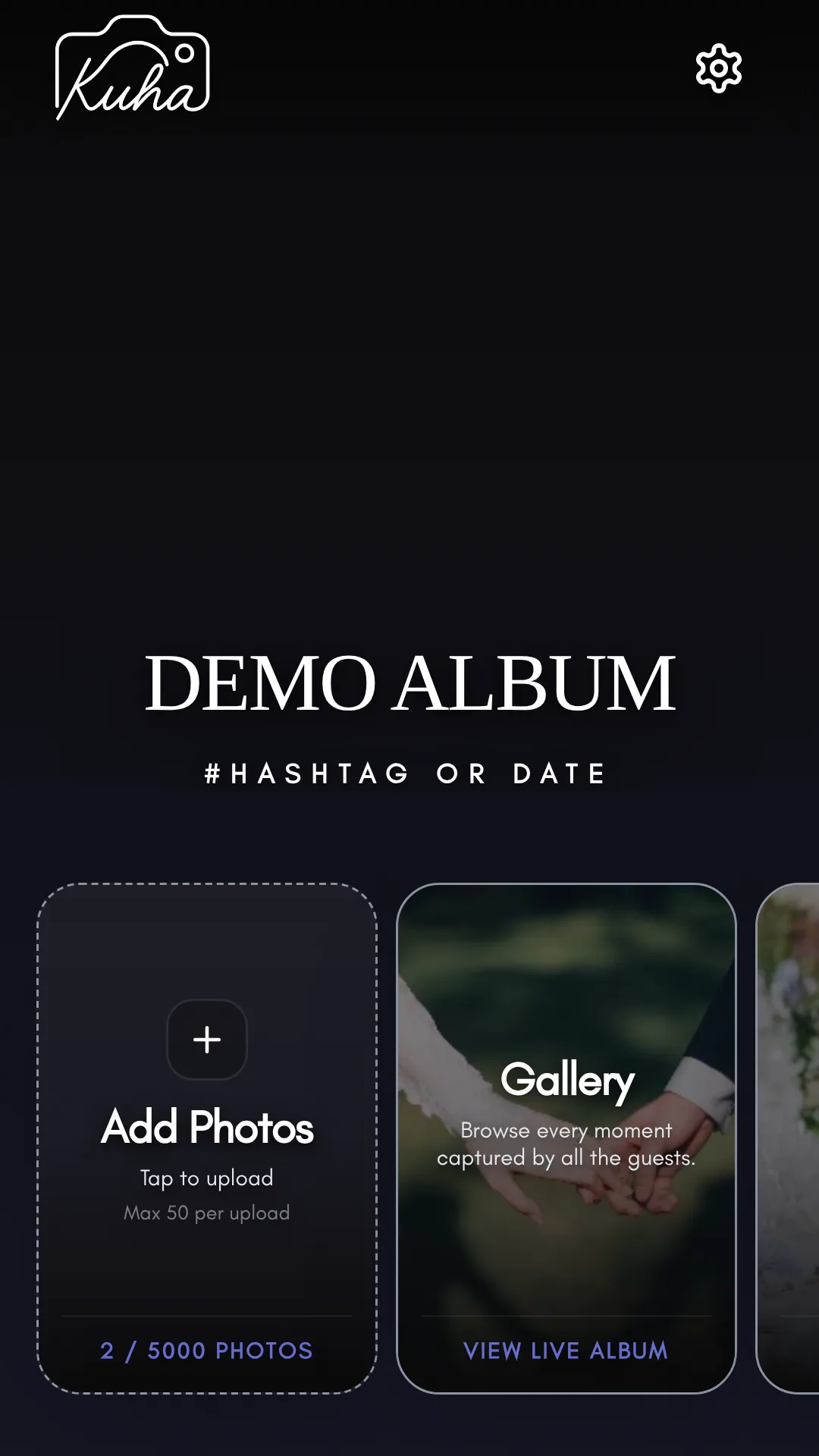 Kuha album home on a phone with an Add Photos card for guest uploads and a Gallery card that opens the live album