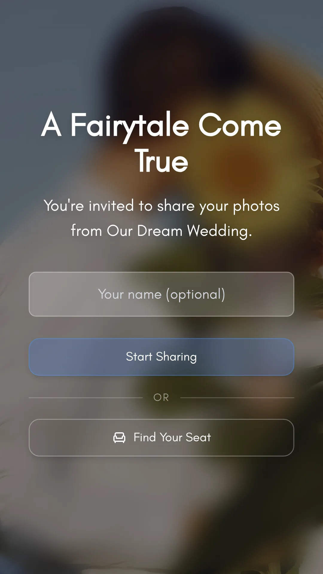 Kuha guest welcome screen on a phone for a demo wedding album, with an optional name field, a Start Sharing button, and a Find Your Seat button