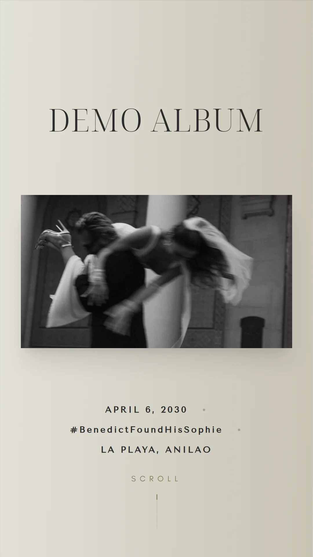 Kuha digital invitation cover on a phone with the event name, a black-and-white couple photo, the date, hashtag, and venue