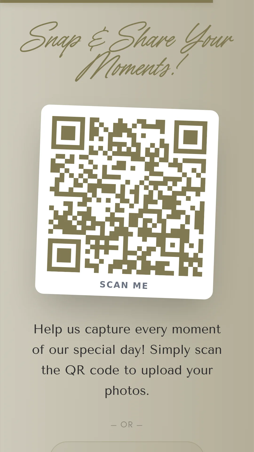 Snap and Share section of a Kuha digital invitation, with a QR code guests scan to upload their photos