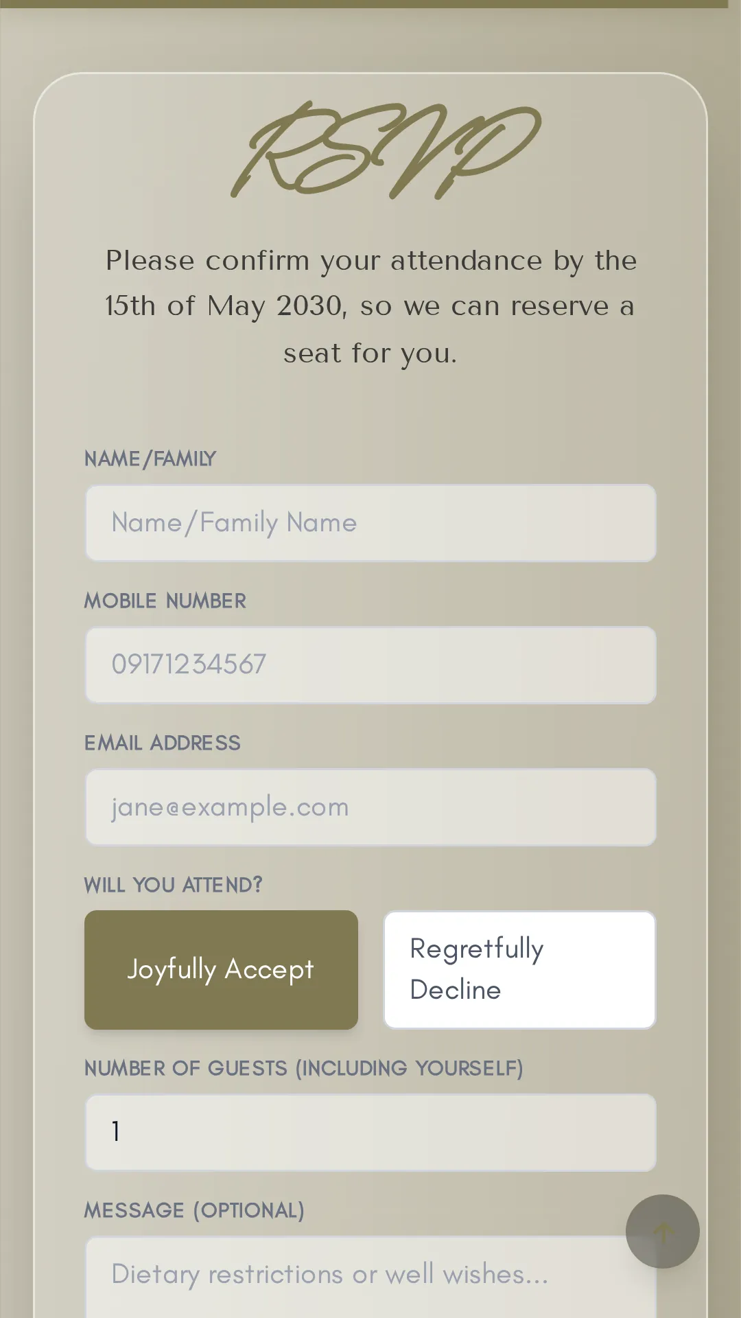 Kuha digital invitation RSVP form on a phone, with fields for name, mobile number, email, attendance, and number of guests